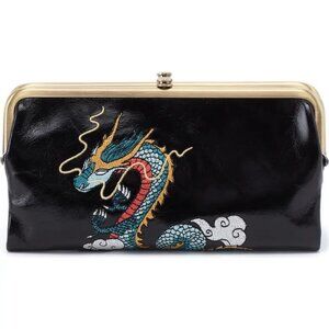 HOBO International Black Leather Lauren Clutch Wallet -- Embroidered Dragon
